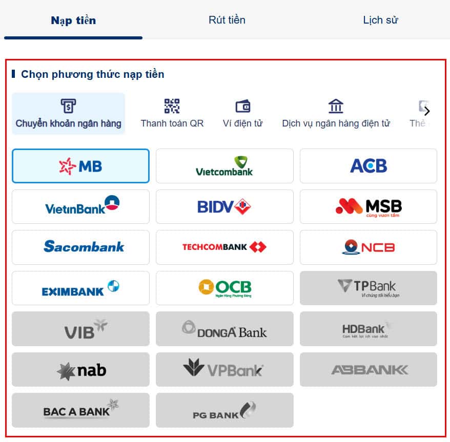 buoc 2: chon phuong thuc gui tien
