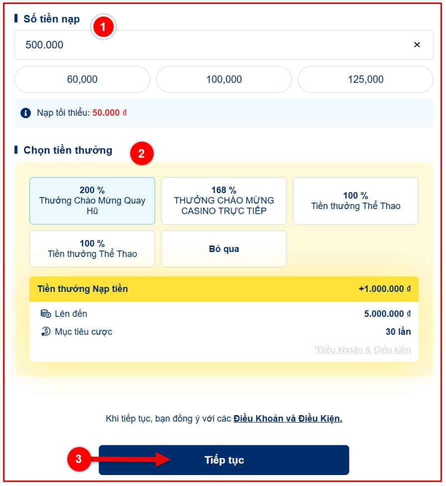 buoc 3: nhap so tien muon nap